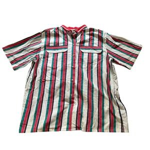 Vintage French Navy Mens Striped Short Sleeve Button Down Shirt Red Teal Size 14